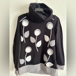Cowl neck Floral Patterned Black and Gray Women's hoodie